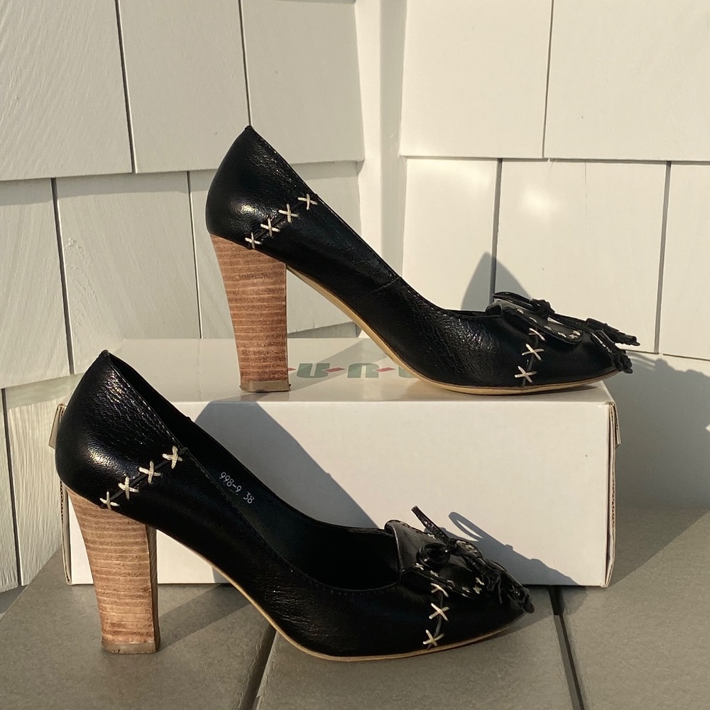 Juno New York loafer block heels peep toe black cream 8 - Picture 10 of 12